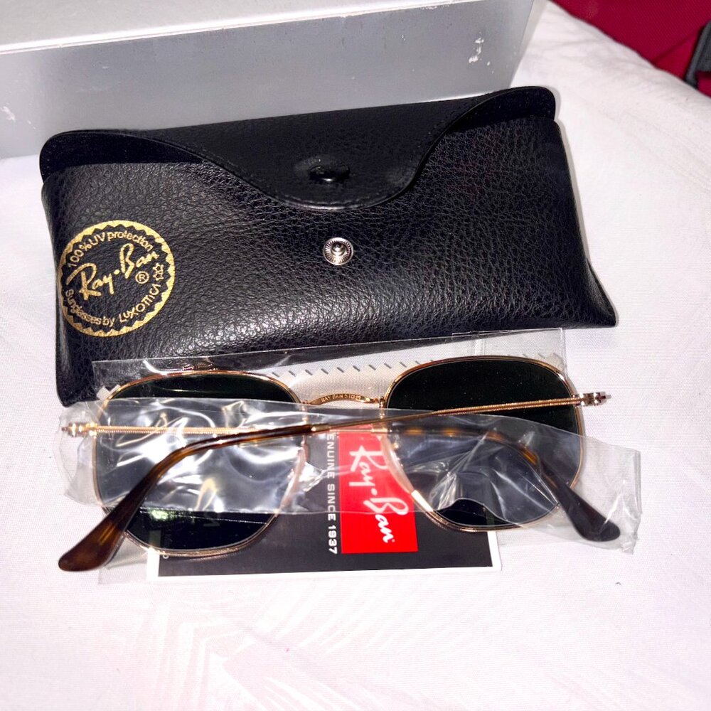 Ray-Ban Hexagonal Sunglasses Green Lenses Gold Metal Frame Adjustable Nosepads - Picture 8 of 13